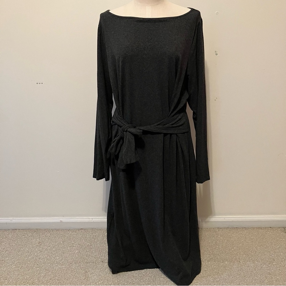 J. Jill Wearever Dress Womens 2X Gray Midi Stretch Jersey Tie Front Long Sleeve